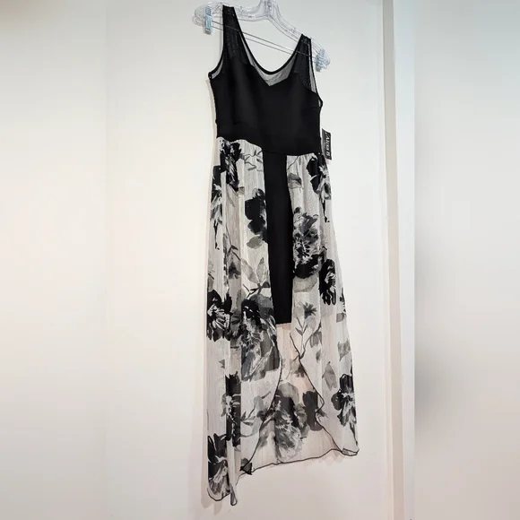 NWT Alexa B Nites Black and White Floral Mini Dress With Wrap Skirt, Size 4 - Picture 2 of 8
